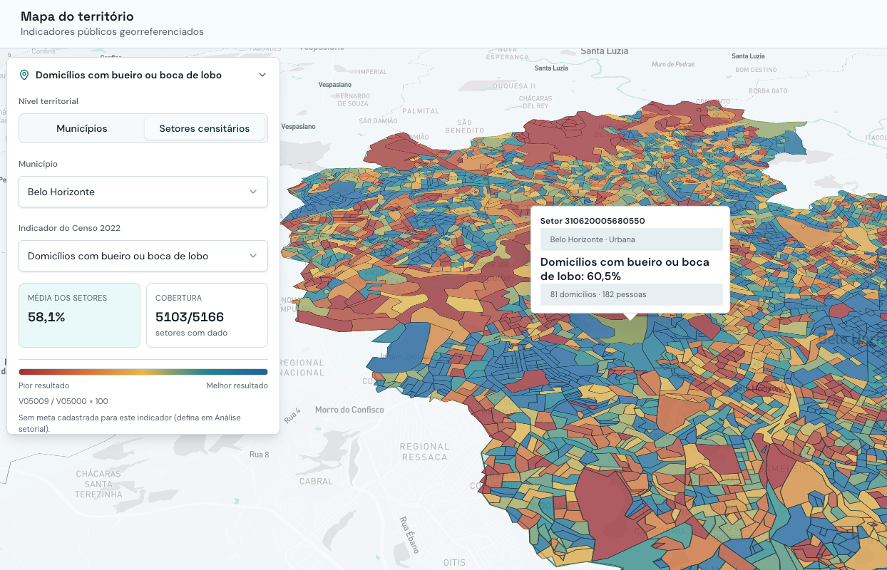 Mapa de Belo Horizonte dividido em setores censitários, coloridos do vermelho ao azul conforme o resultado do indicador, com detalhe de um setor
